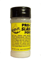 Pro-Cure Slam-Ola Garlic Scent powder bottle boosts aroma for salmon and steelhead.
