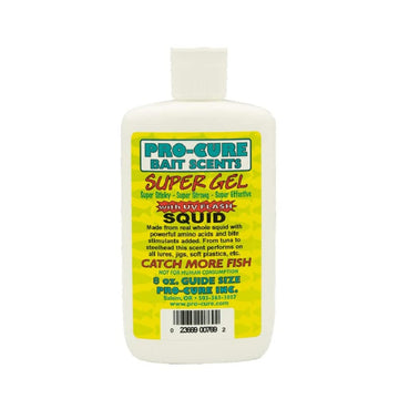 Pro-Cure Squid Super Gel bottle highlighting real bait base for enhanced scent attraction.