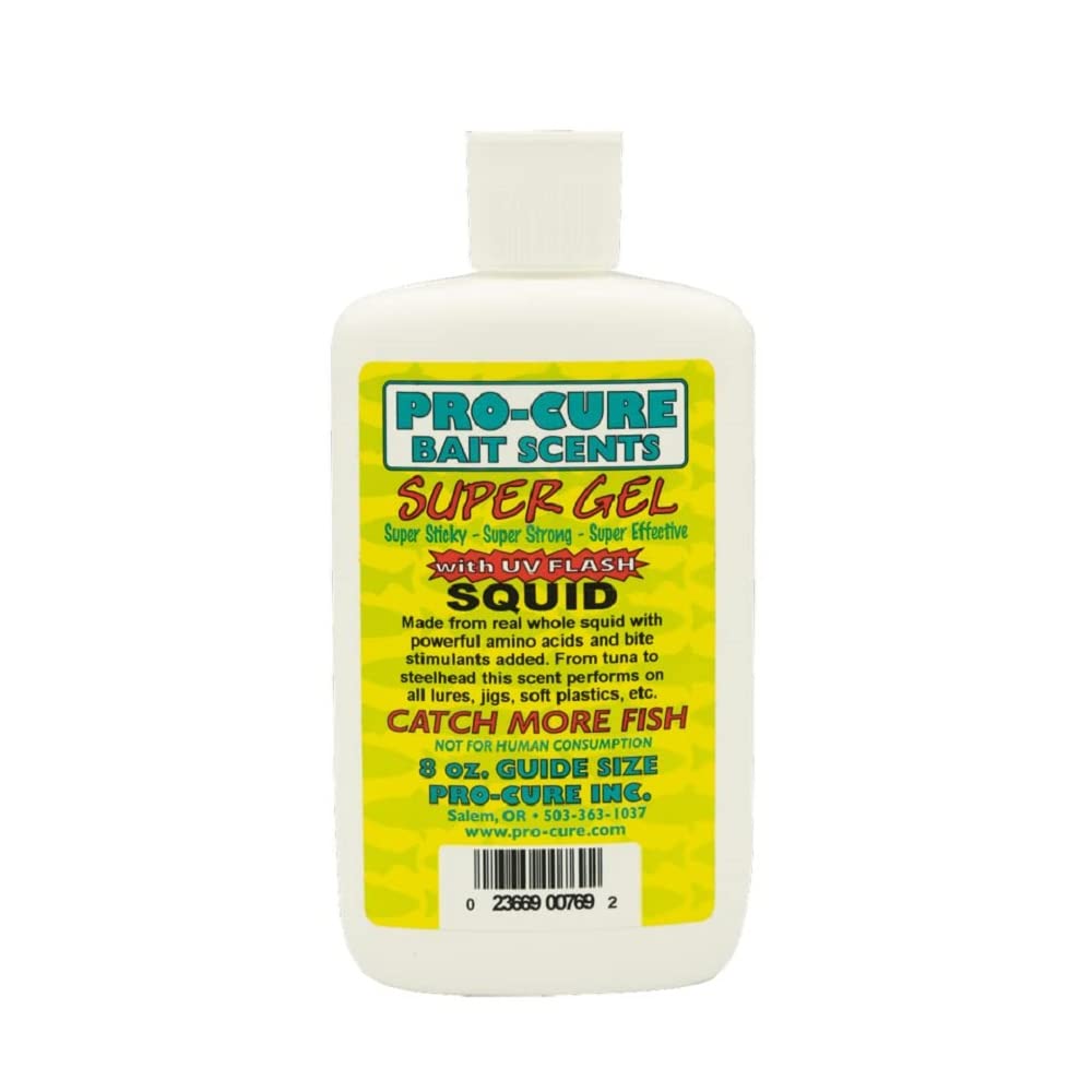 Pro-Cure Squid Super Gel bottle highlighting real bait base for enhanced scent attraction.