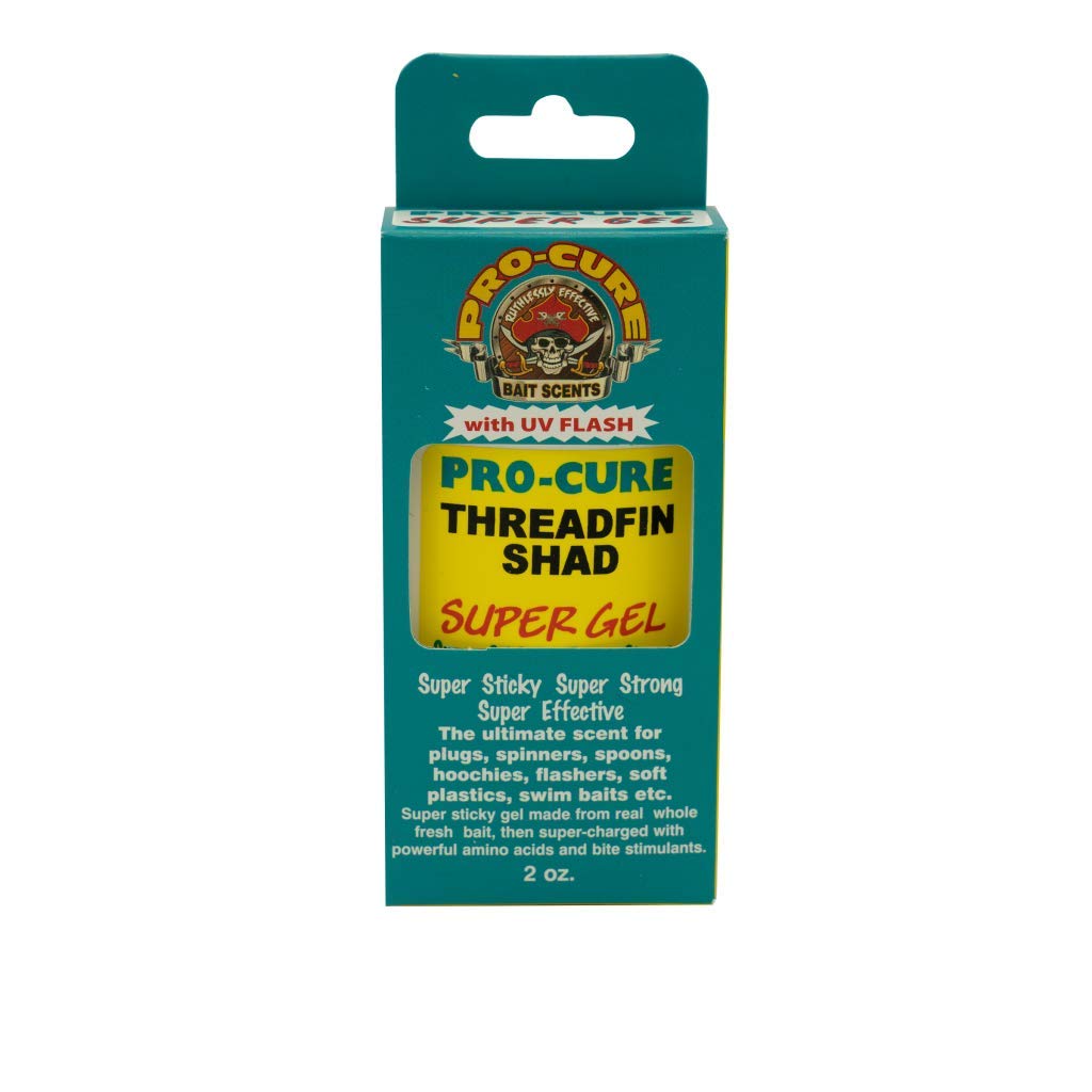 Pro-Cure Threadfin Shad Super Gel bottle front label boosts lure visibility with UV enhancement.