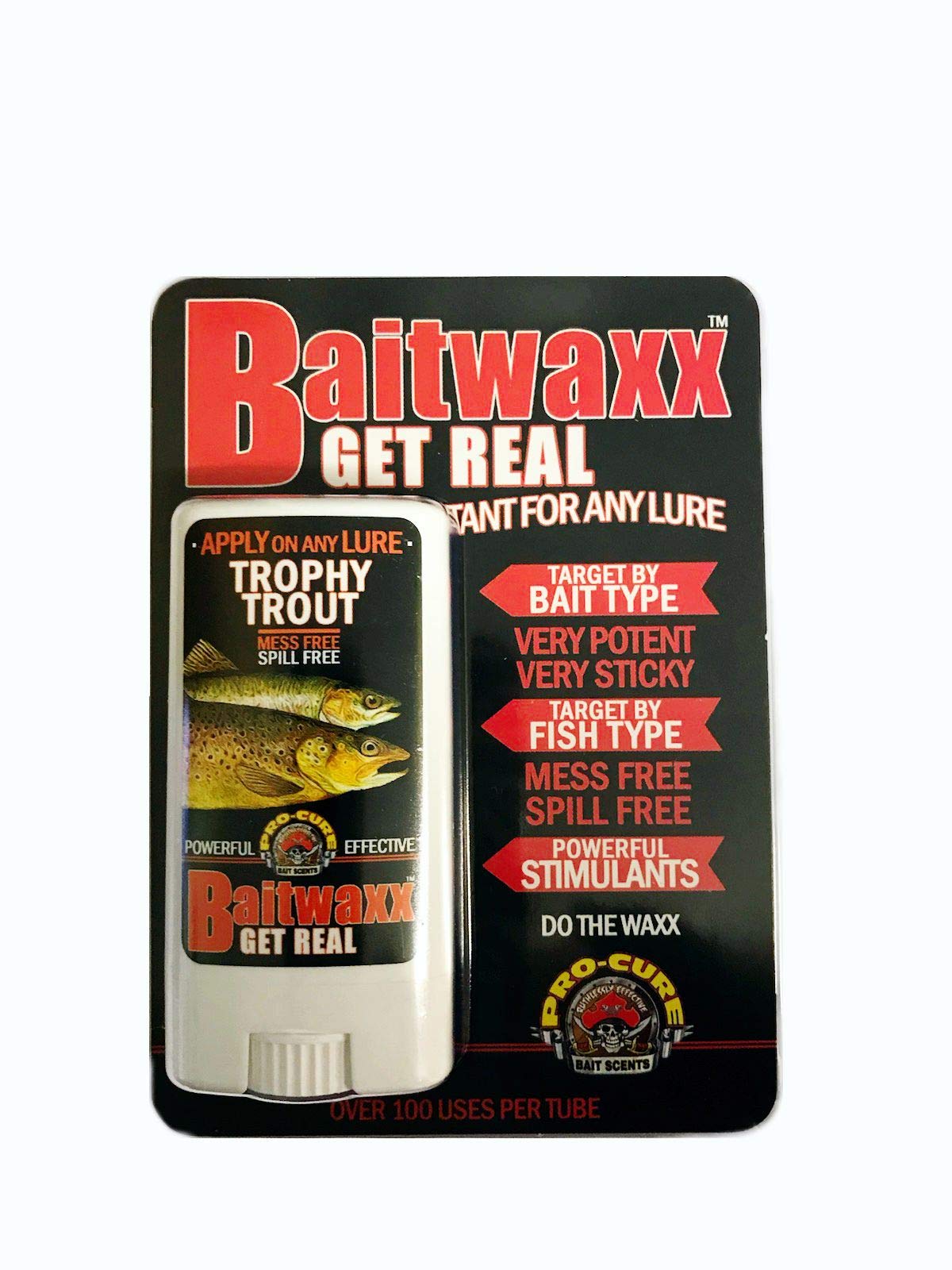 Pro-Cure Trophy Trout Baitwaxx label shows lure attractant blend for anglers.