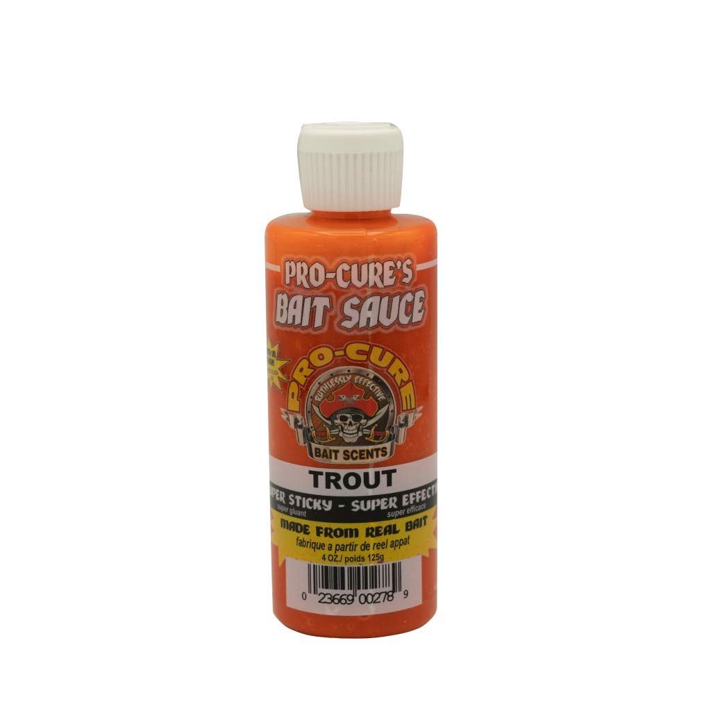 Pro-Cure Trout Bait Sauce orange bottle shows ultra-sticky formula for lures.