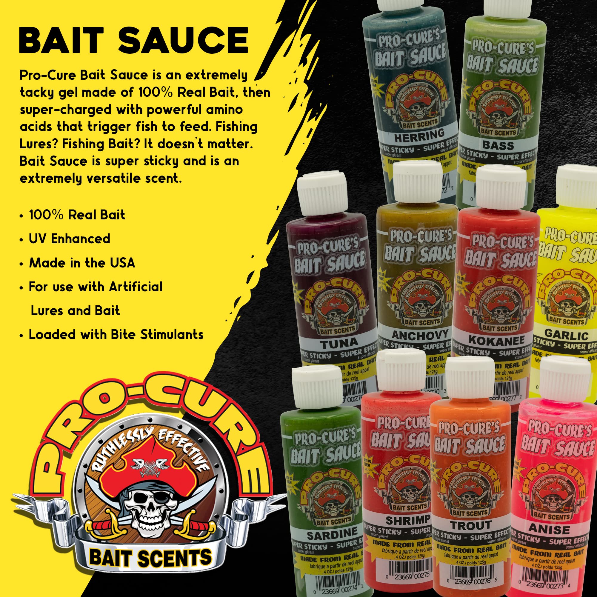 Pro-Cure Trout Bait Sauce packaging with UV-enhanced label.