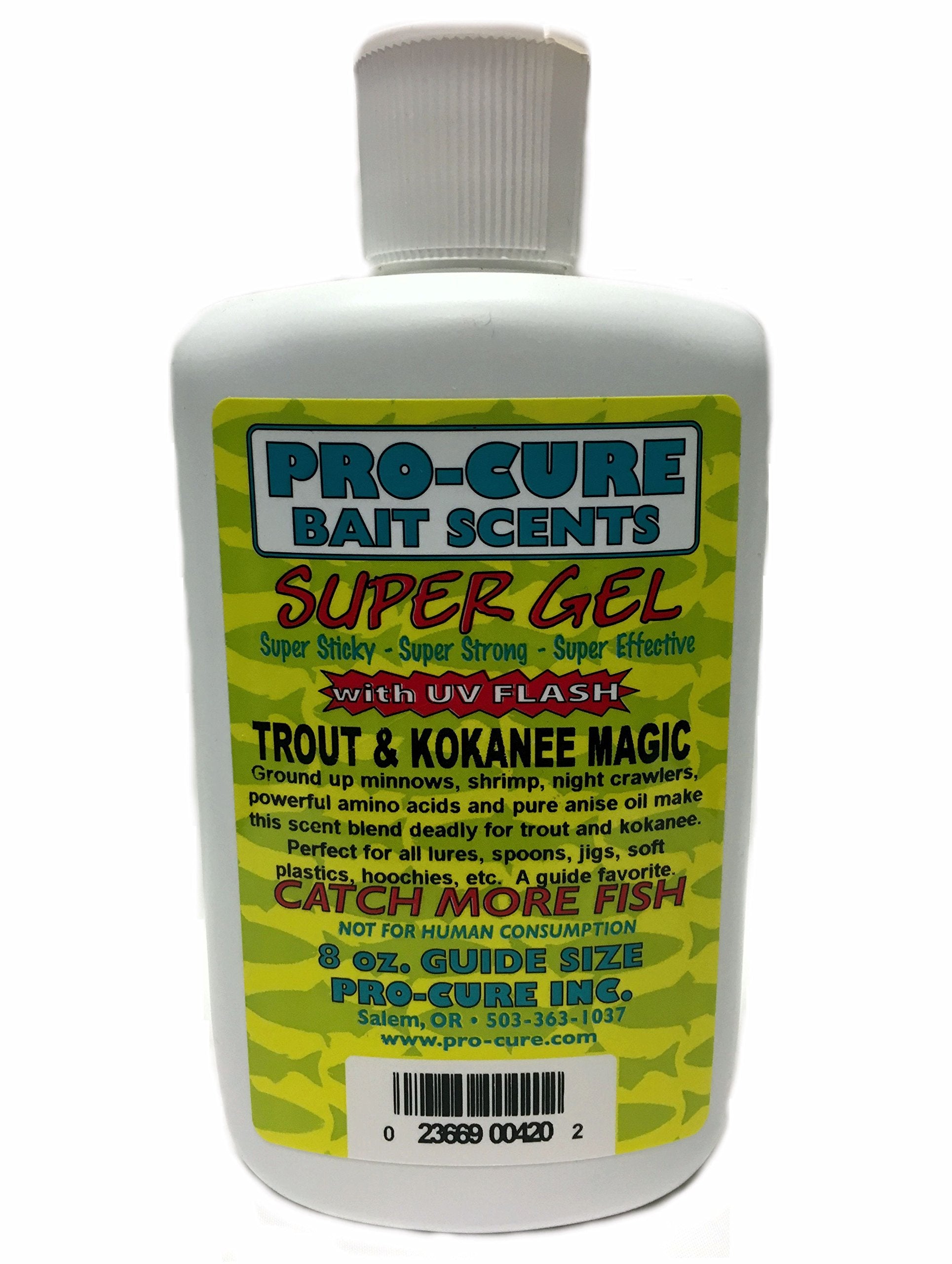 Pro-Cure Trout & Kokanee Magic Super Gel bottle showing UV visibility and aroma for improved lure appeal.