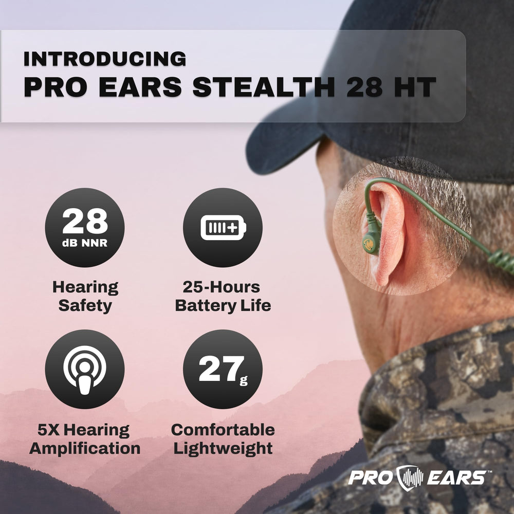 Pro Ears Stealth 28 HT Green worn with glasses demonstrates comfortable all-day wear