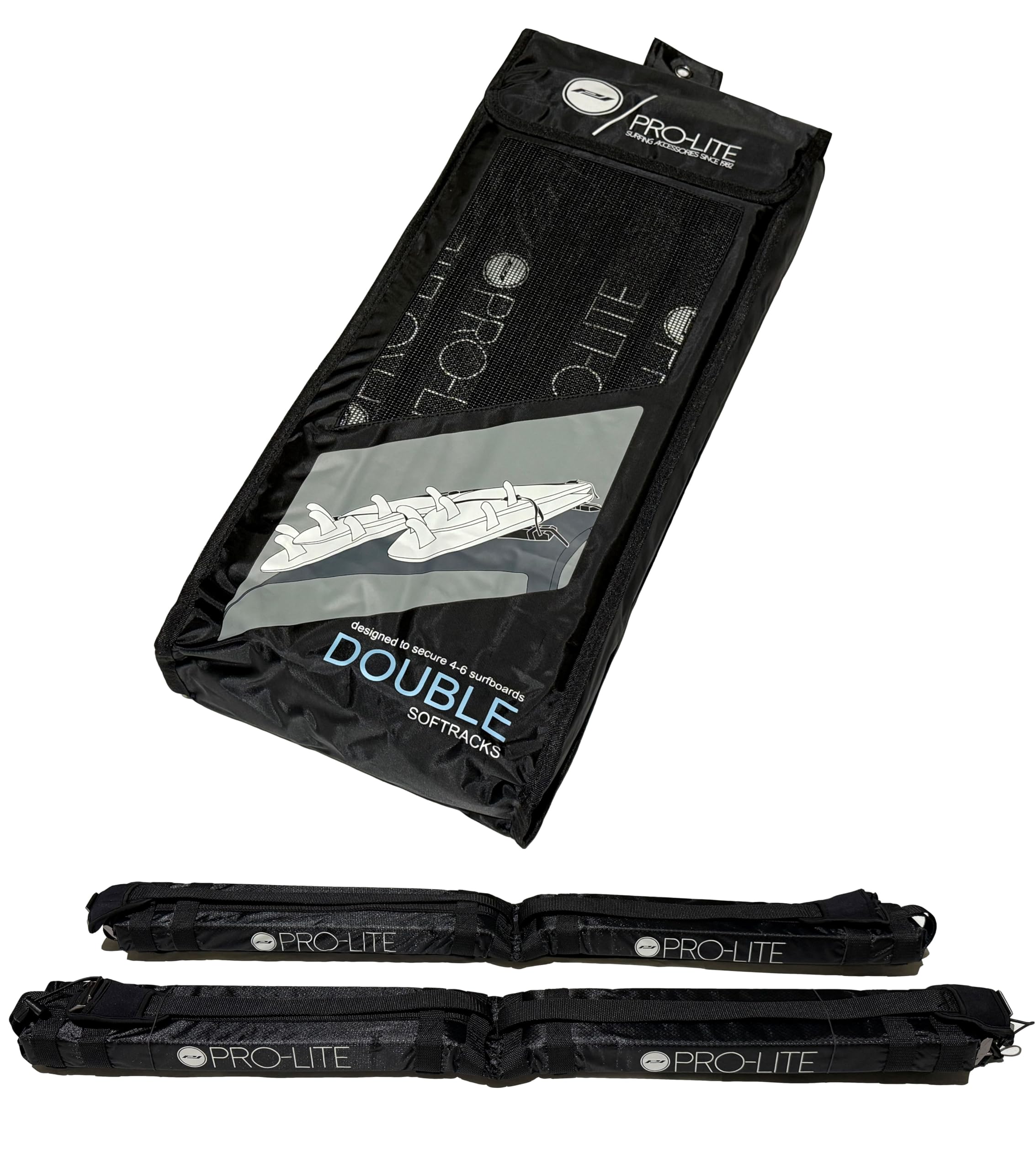 Pro-Lite double-row soft surfboard roof rack secures up to six boards for trips.