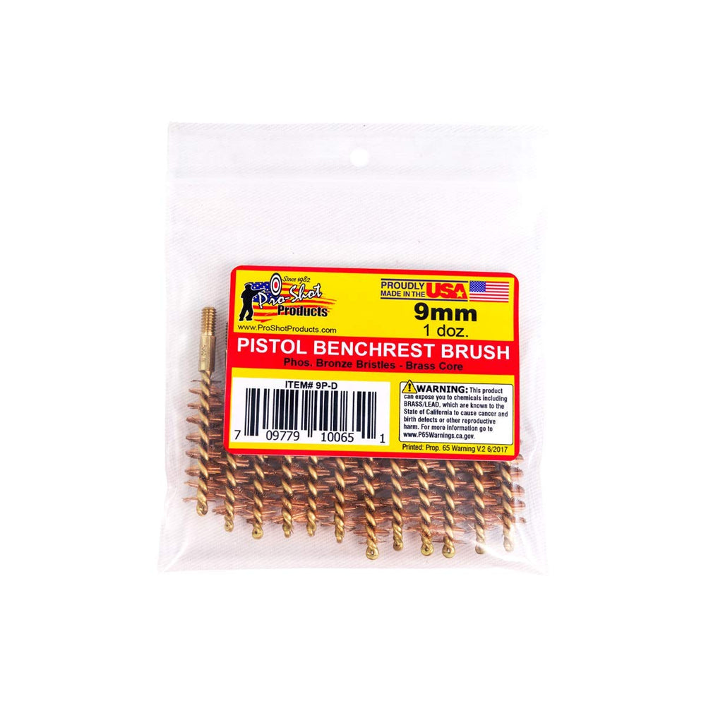 Pro Shot 9mm pistol bore brushes in a dozen-pack brass packaging