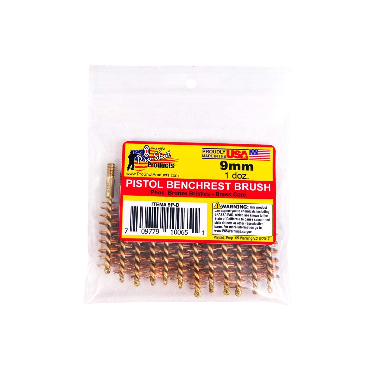 Pro Shot 9mm pistol bore brushes in a dozen-pack brass packaging