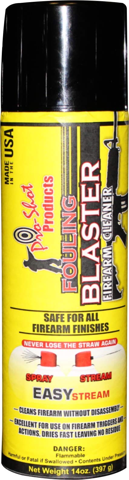 Pro Shot D-14 fouling blaster bottle demonstrates fast-acting firearm degreaser.
