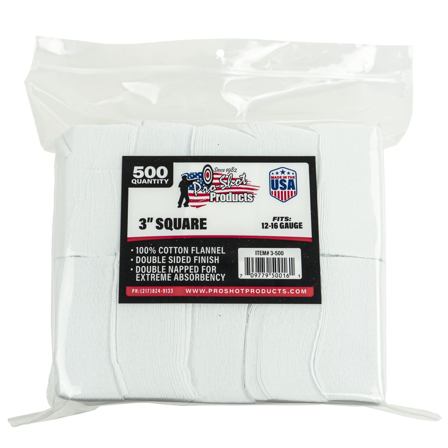 Pro-Shot gun cleaning patches, 3-inch, 500-count.