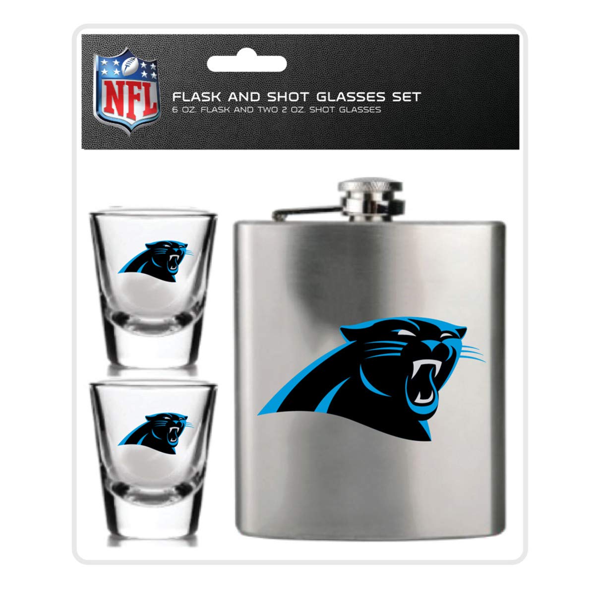 Pro Specialties Group Carolina Panthers flask with full-color logo, ideal for game-day gifting.