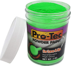 Pro-Tec Bright Green powder paint jar for high-gloss jig finishes.