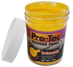 Pro-Tec yellow powder paint jar provides a bright, glossy finish for jigs and lures.