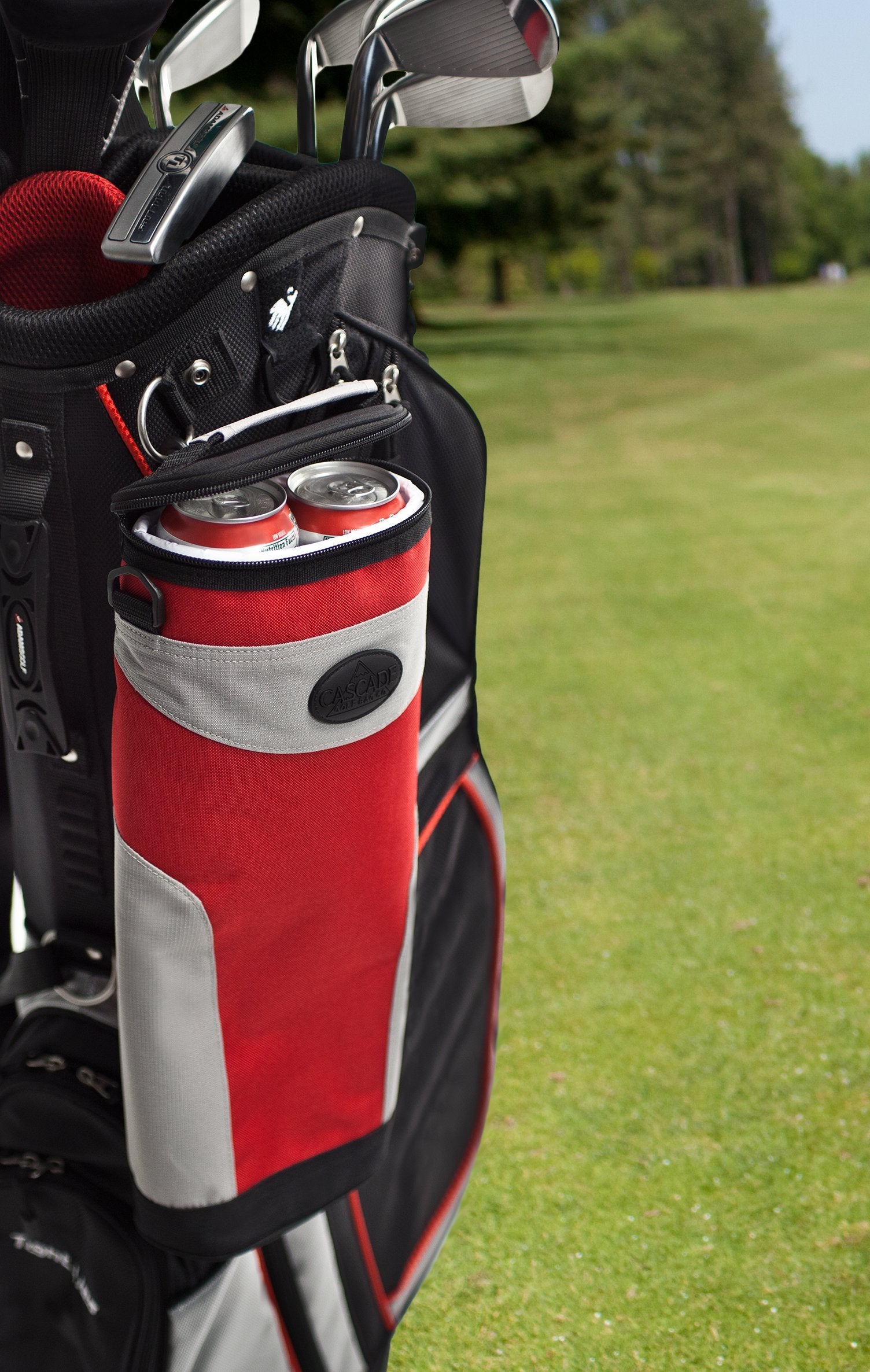 ProActive Sports 4-To-Go Cooler clipped to a golf bag for hands-free transport