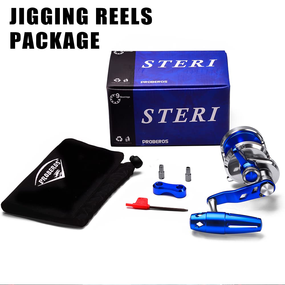 PROBEROS conventional reel blue-silver line-capacity feature supports deep-water jigging with larger capacity