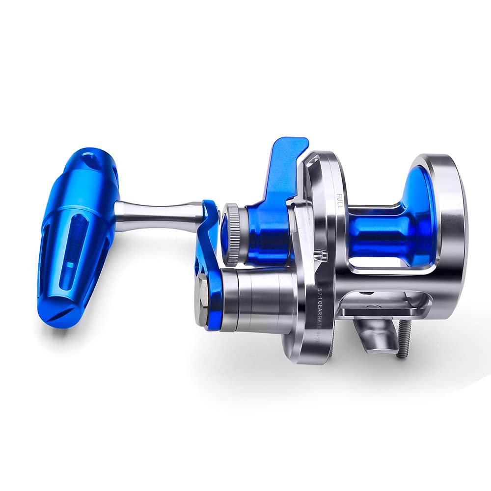 PROBEROS conventional reel blue-silver locking-screws reduce looseness for secure offshore use