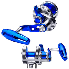 PROBEROS conventional reel blue-silver main body shows reinforced SUS304 hardware for saltwater reliability