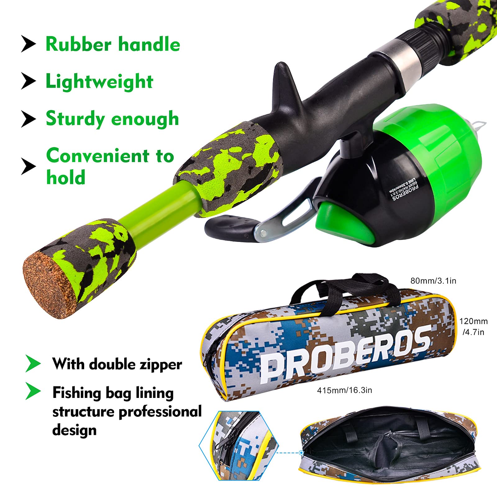 PROBEROS kids spincast reel closeup emphasizes tangle-free casting for beginners.