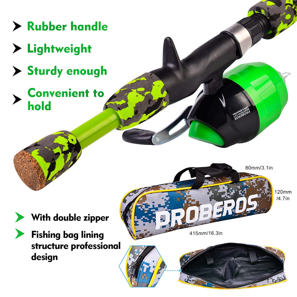 PROBEROS kids spincast reel closeup emphasizes tangle-free casting for beginners.