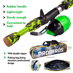 PROBEROS kids spincast reel closeup emphasizes tangle-free casting for beginners.