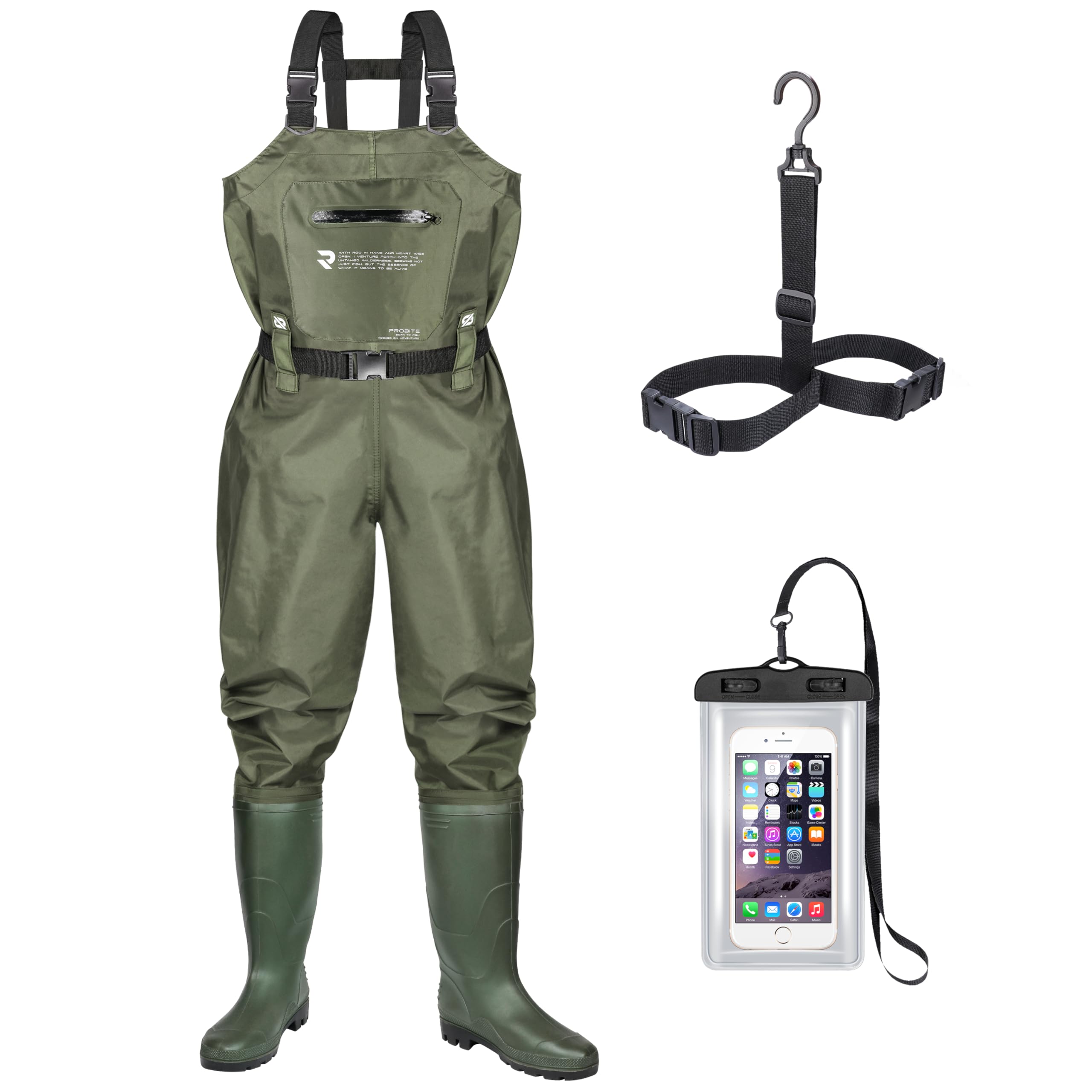 PROBITE fishing chest waders green image shows waterproof construction for muddy shore adventures.