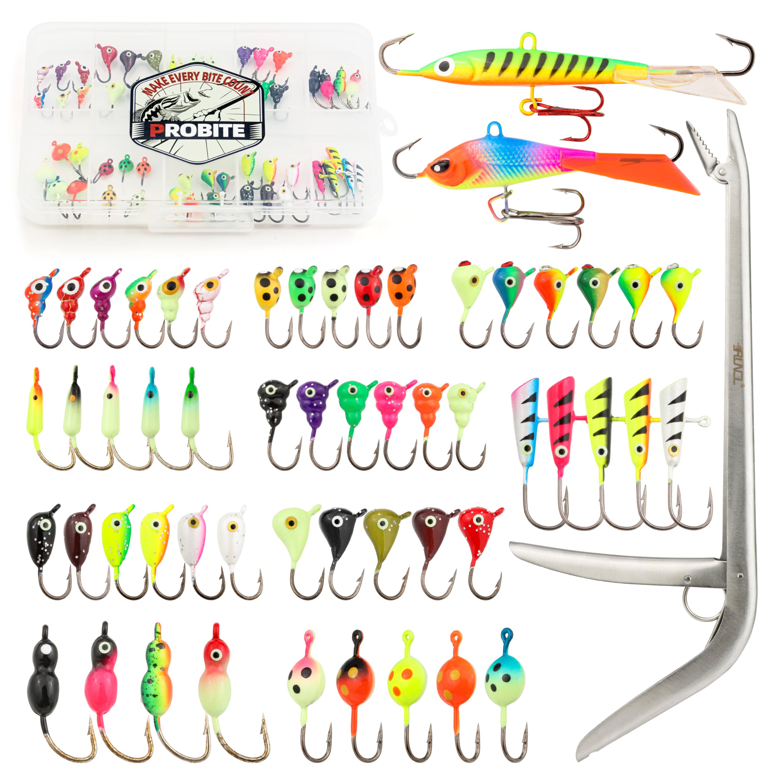 PROBITE 56-piece ice fishing kit overview with lures and tackle box