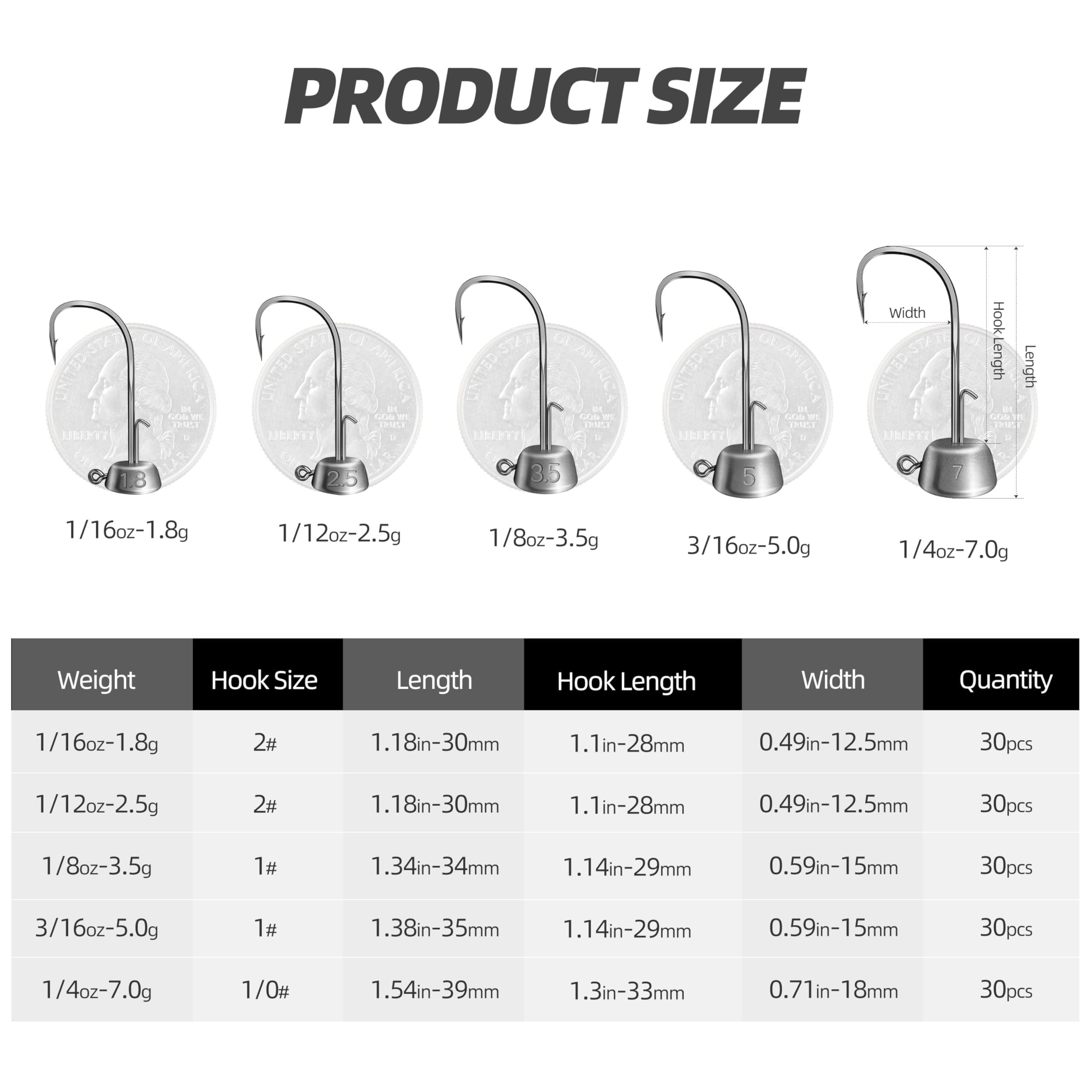 Pack of 30 jig heads in multiple sizes