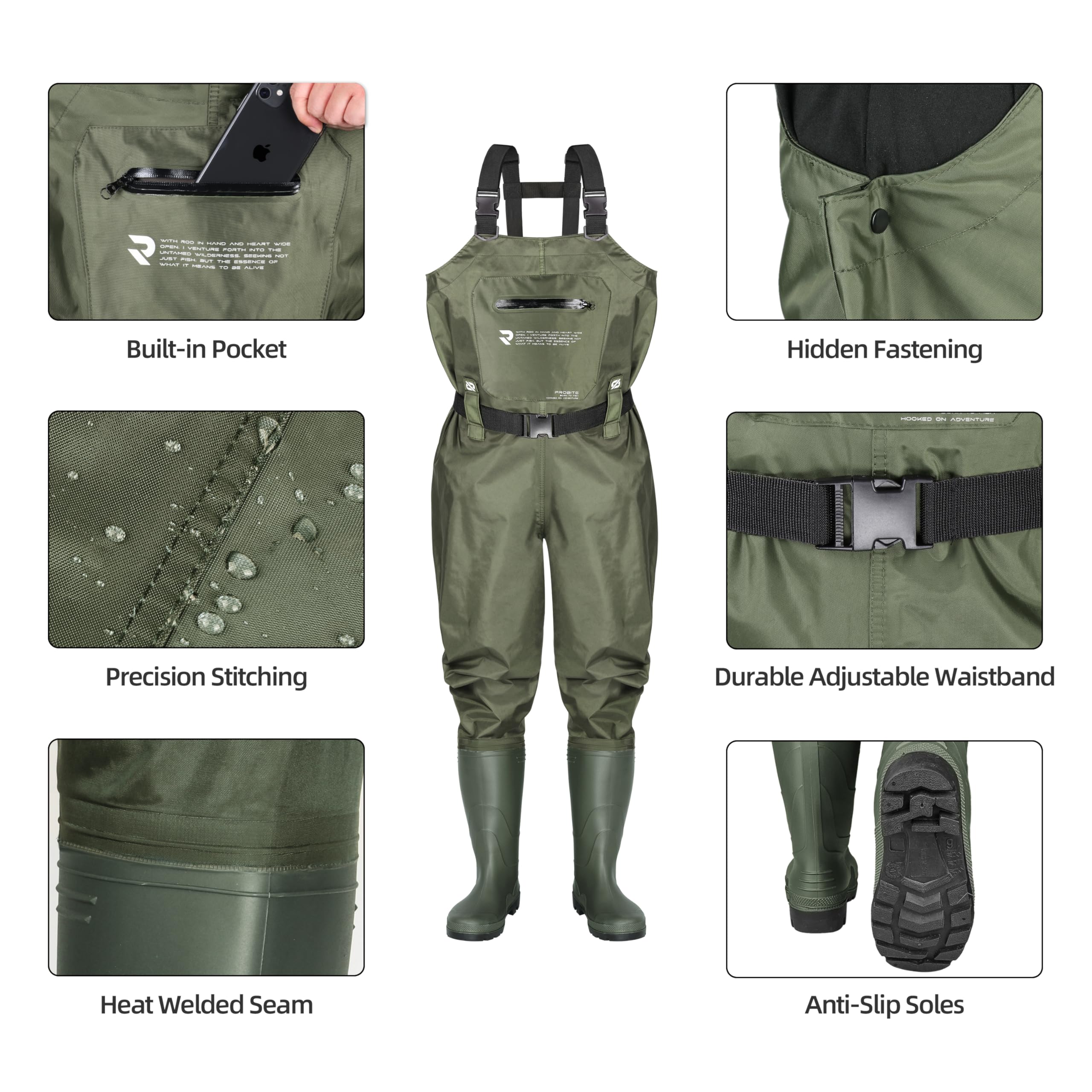 PROBITE waders with adjustable H-back suspenders stabilize fit on uneven terrain.