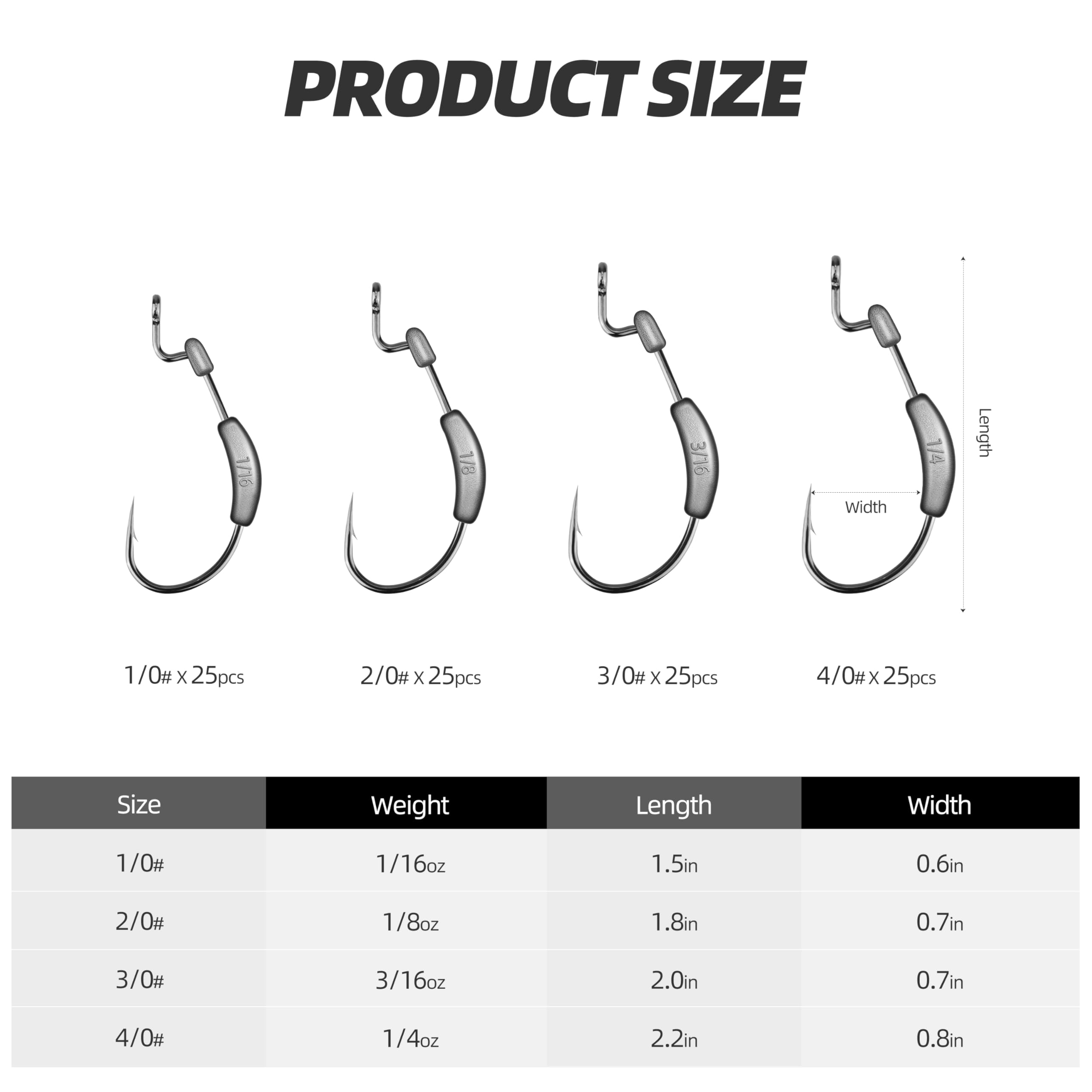 Four size options: 1/16oz 1/0#, 1/8oz 2/0#, 3/16oz 3/0#, 1/4oz 4/0#