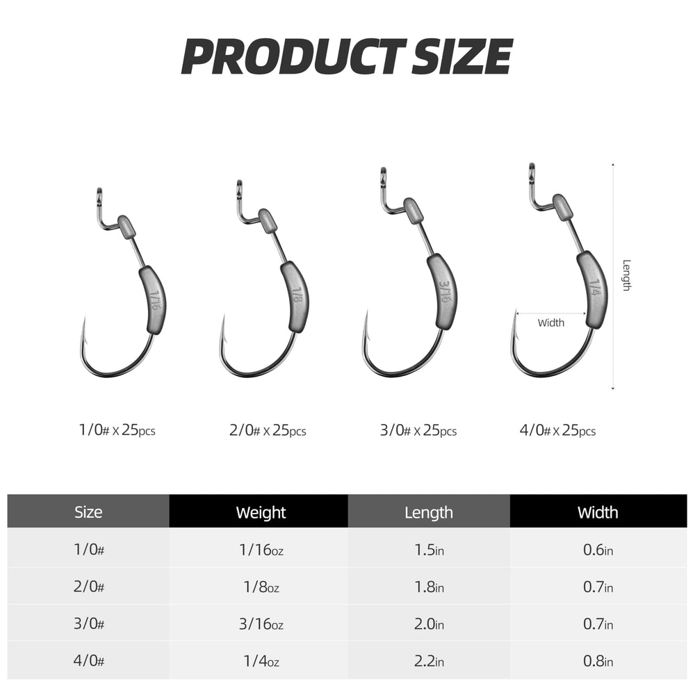 Four size options: 1/16oz 1/0#, 1/8oz 2/0#, 3/16oz 3/0#, 1/4oz 4/0#