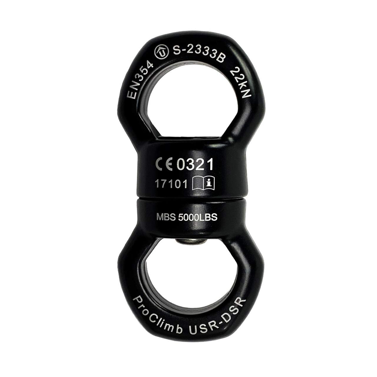 ProClimb 22kN micro rotator rope swivel front view shows compact design for smooth rope control.