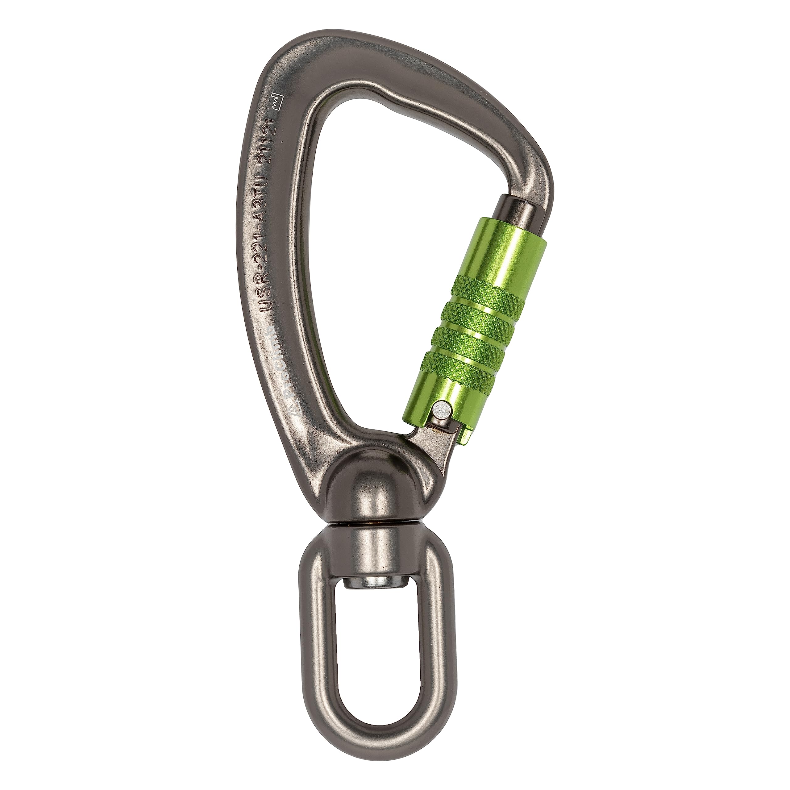 ProClimb aluminum swivel triple lock side view shows durable construction for arborist work