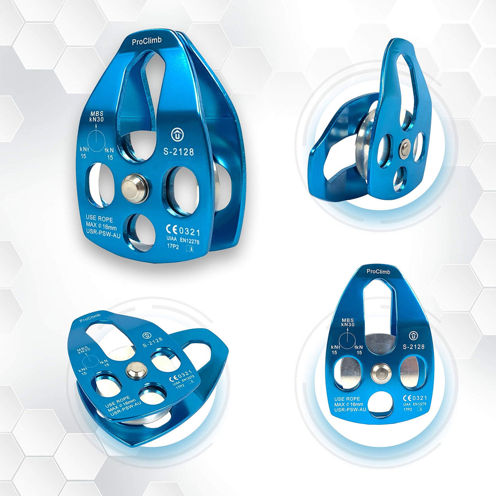 ProClimb ball bearing mounted pulley delivers high efficiency and smooth operation.