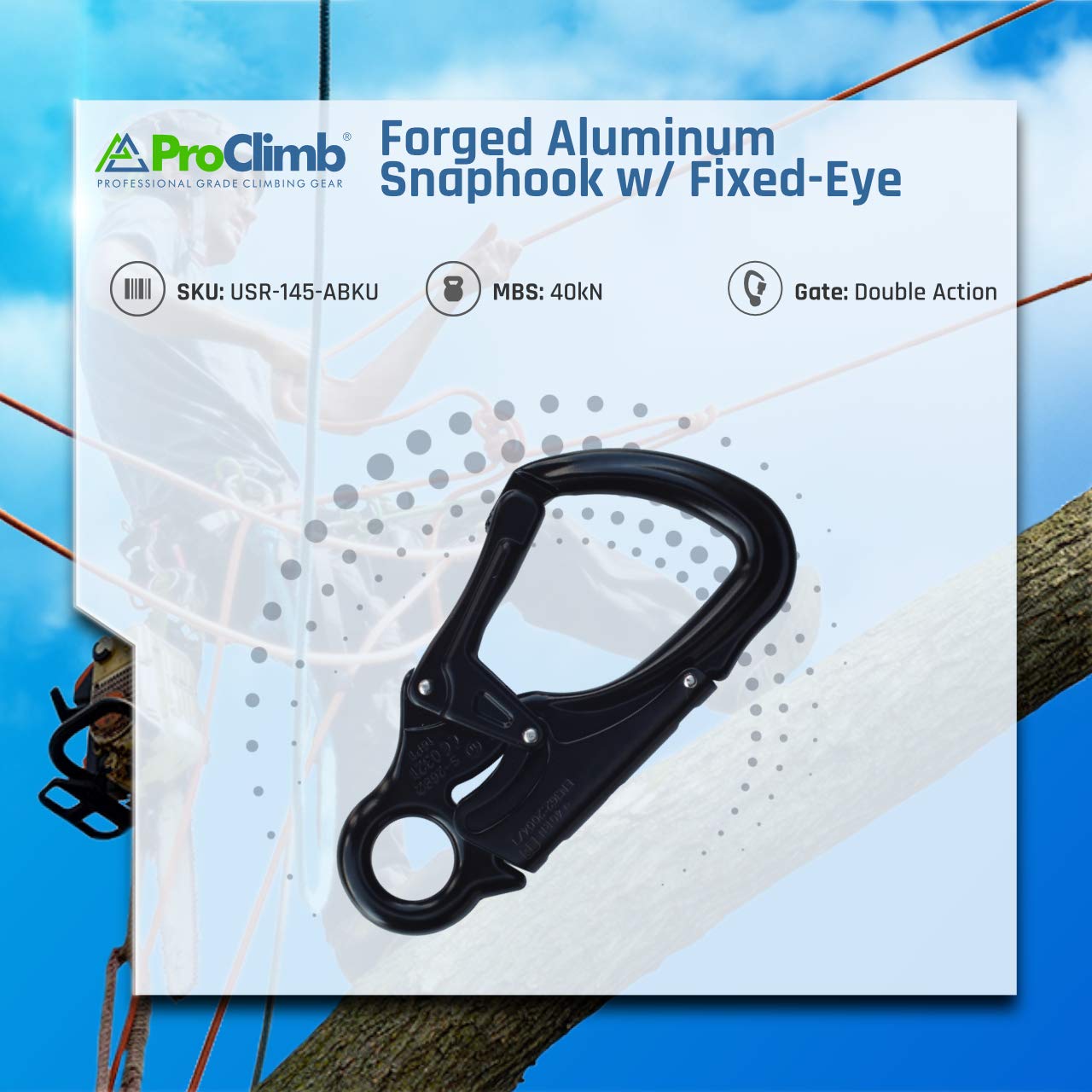 ProClimb forged aluminum carabiner snaphook close-up texture highlights anti corrosion finish.