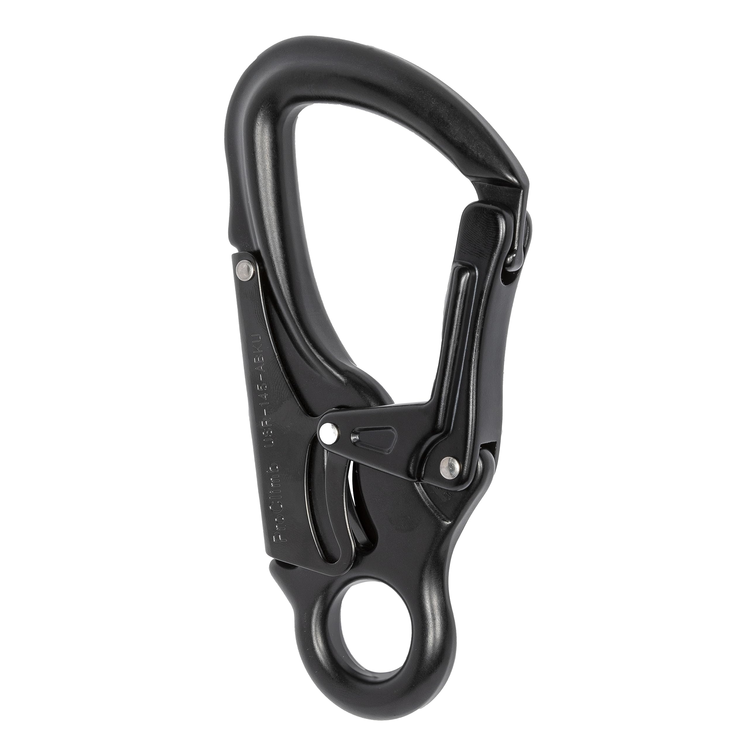 ProClimb forged aluminum carabiner snaphook in-use shot demonstrates quick connection.