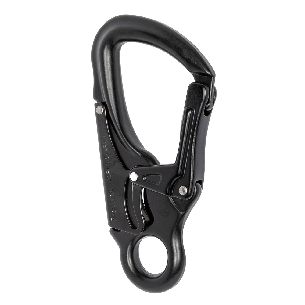 ProClimb forged aluminum carabiner snaphook in-use shot demonstrates quick connection.