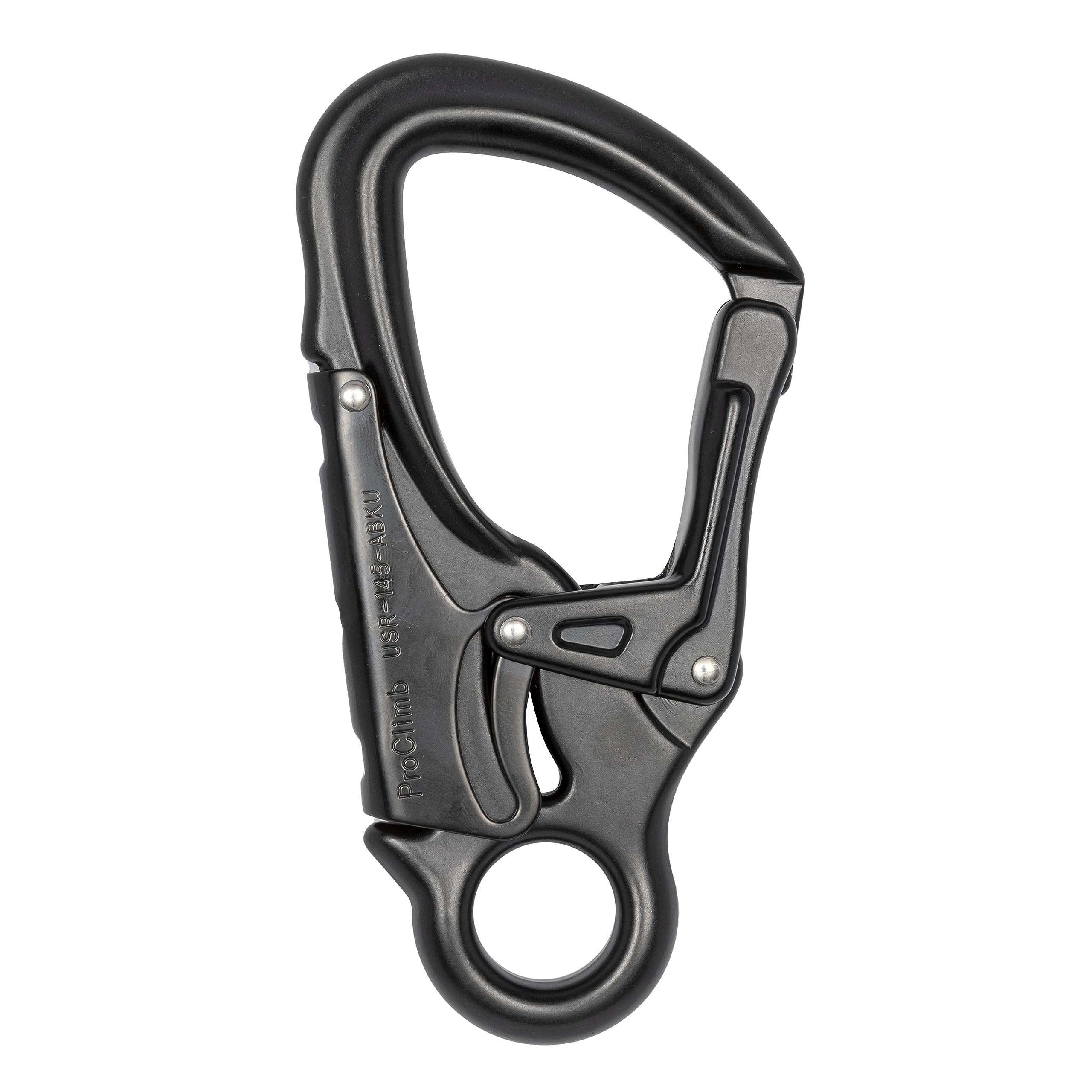 ProClimb forged aluminum carabiner snaphook top view; lightweight and easy rigging.