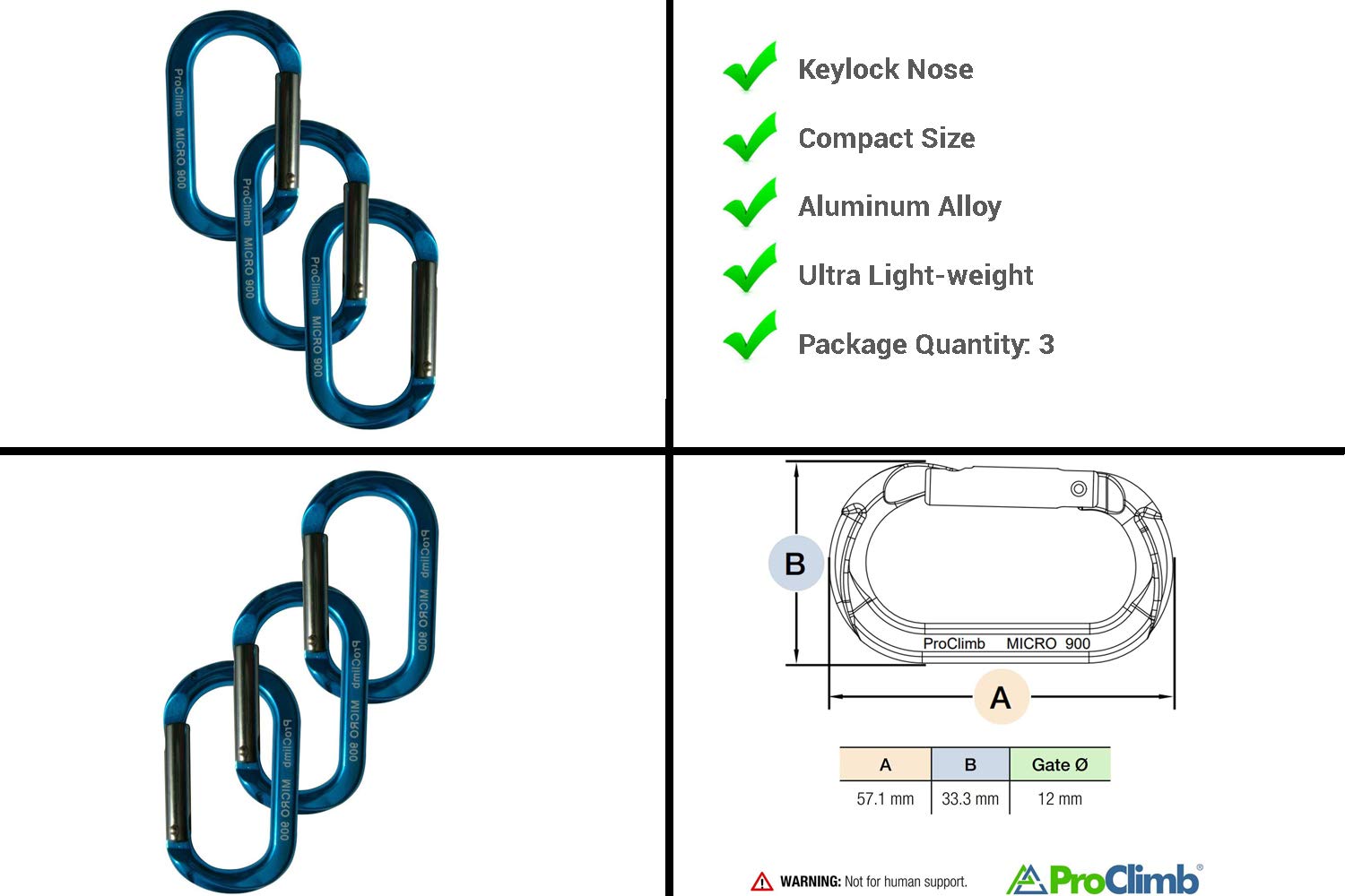 ProClimb blue oval straight gate carabiner 4 kN rating suits many configurations.
