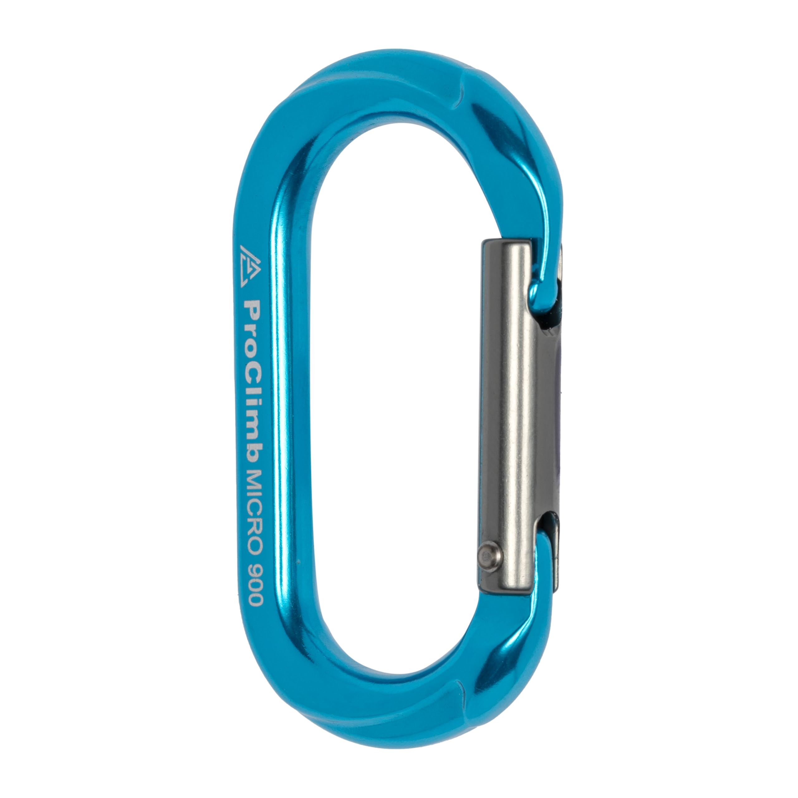 ProClimb blue oval straight gate carabiner hard-anodized finish resists wear.