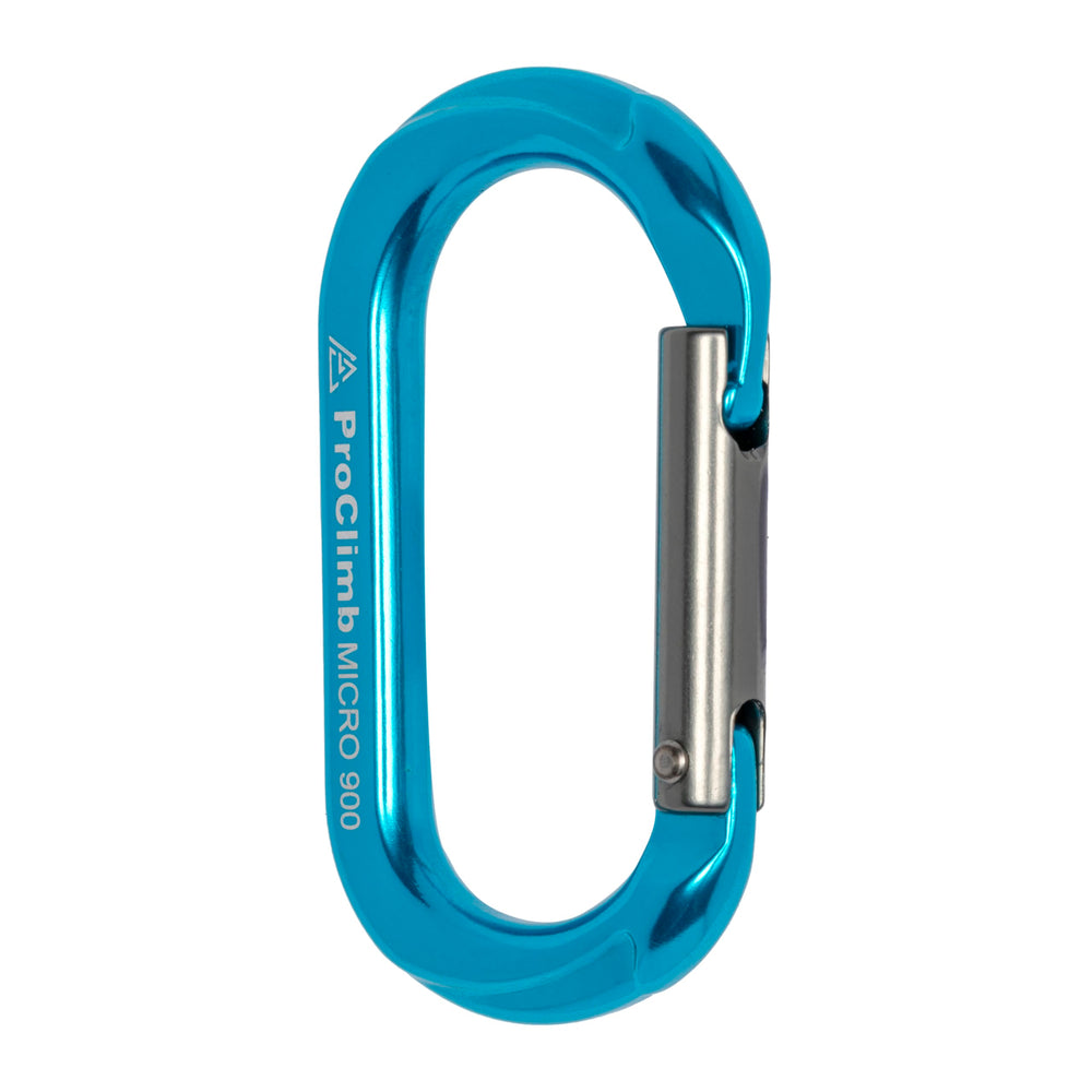 ProClimb blue oval straight gate carabiner hard-anodized finish resists wear.