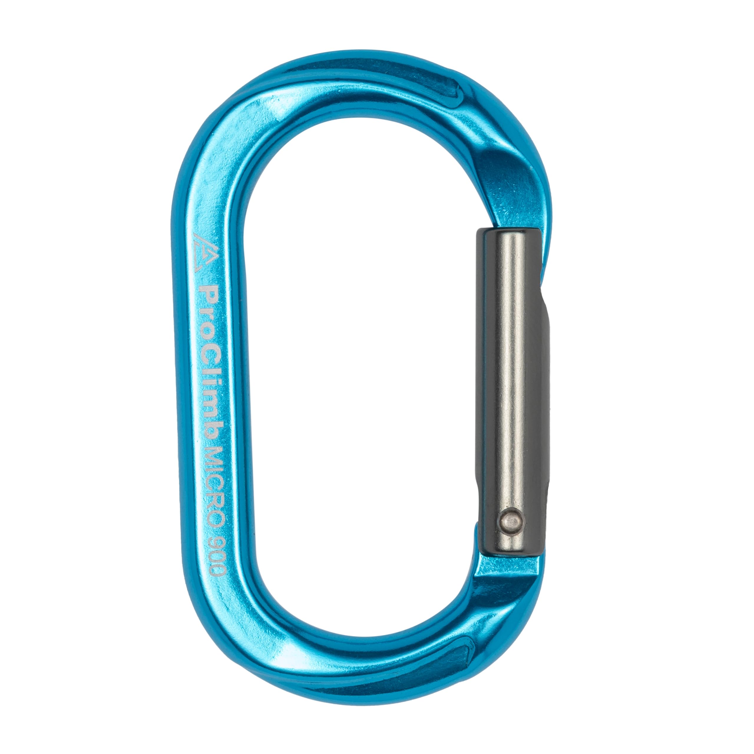 ProClimb blue oval straight gate carabiner side view supports lightweight gear organization.