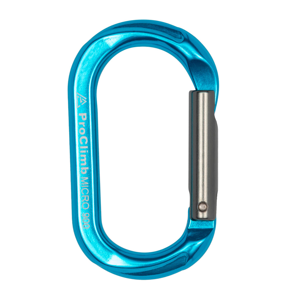 ProClimb blue oval straight gate carabiner side view supports lightweight gear organization.