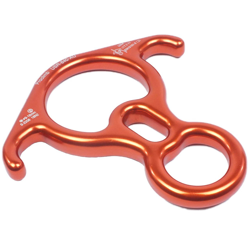 ProClimb orange descender angled view aids quick rigging and control.