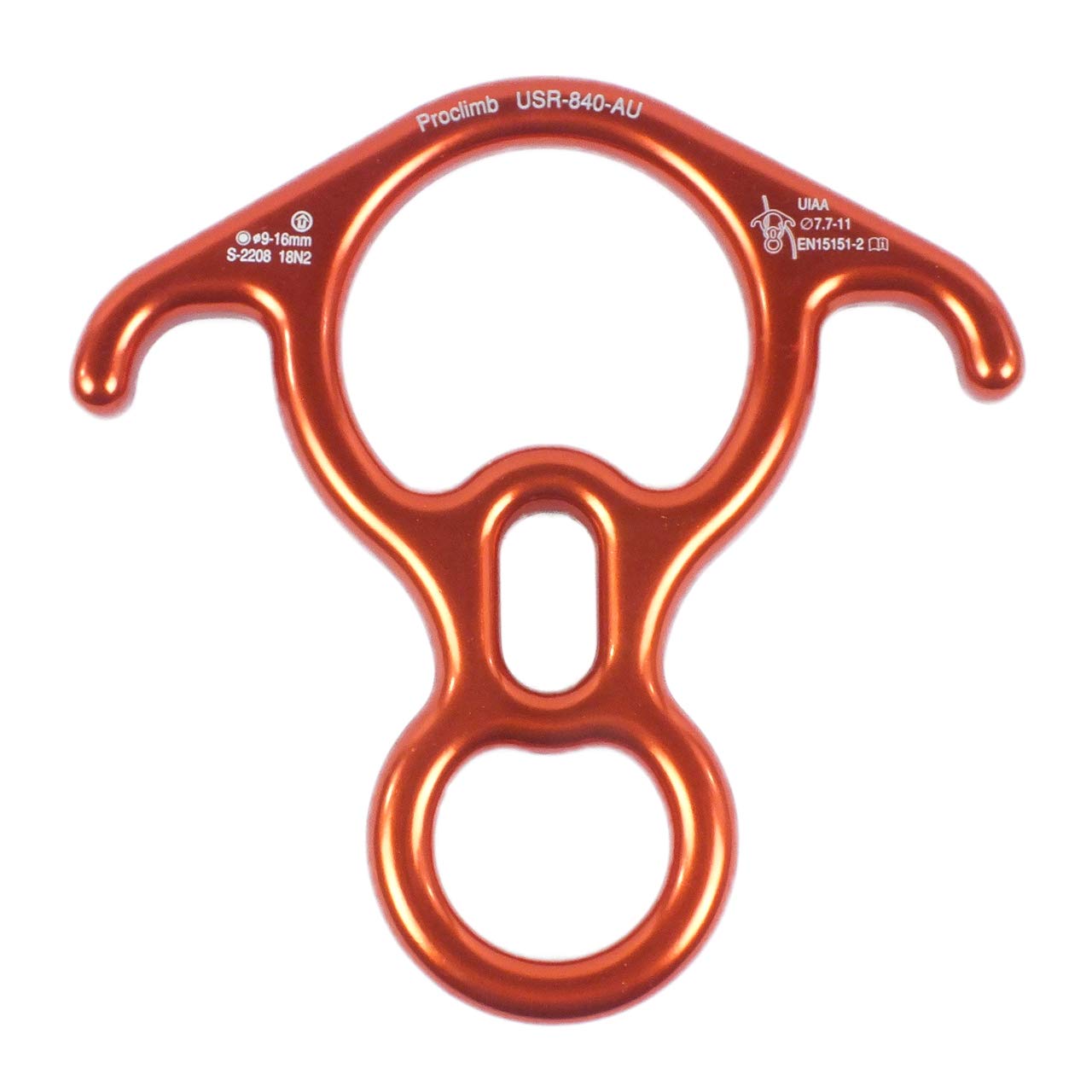 ProClimb orange figure-8 descender side profile highlighting ergonomic bent ears.
