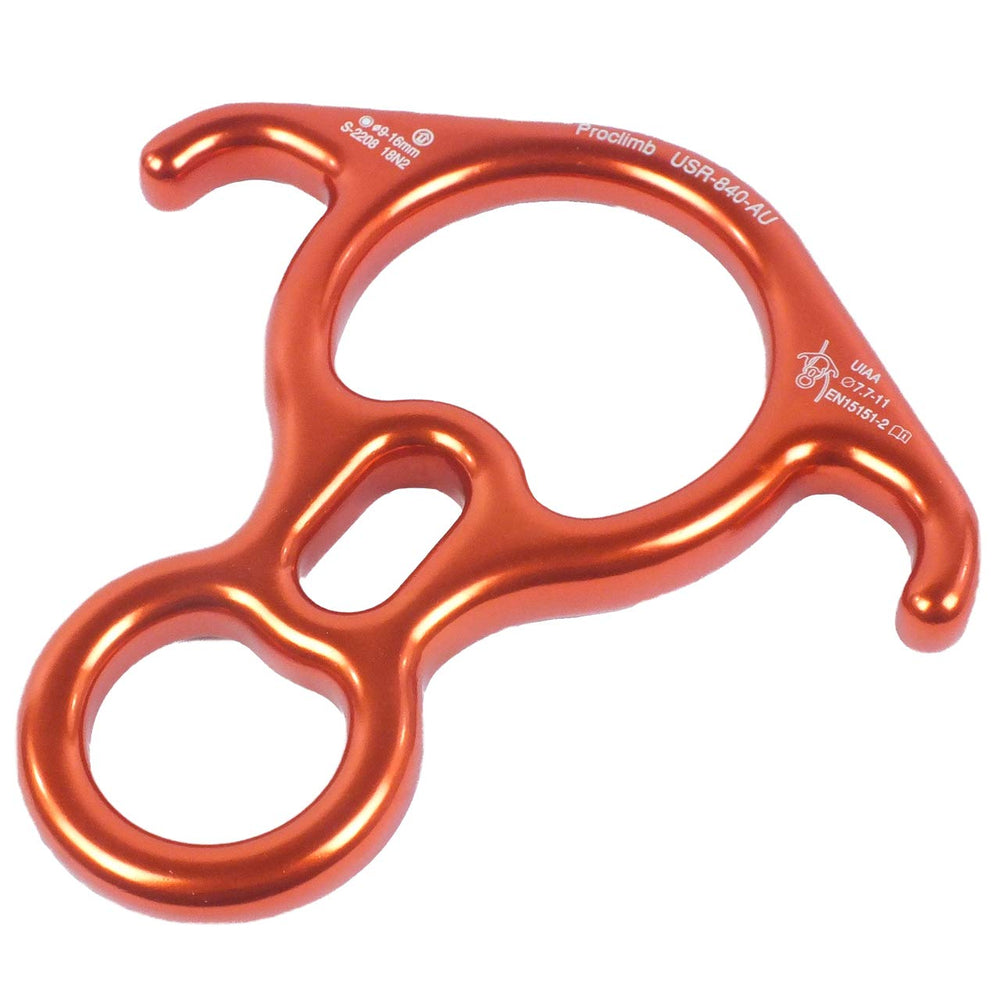 ProClimb orange descender close-up shows large main rope slot.