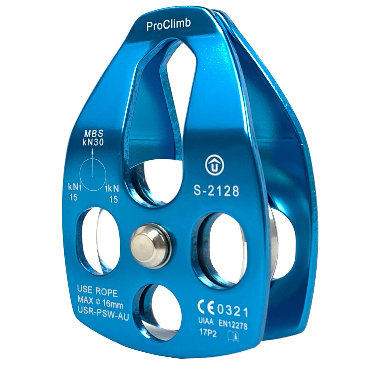 ProClimb aluminum pulley with swing-open plates for quick rope installation.
