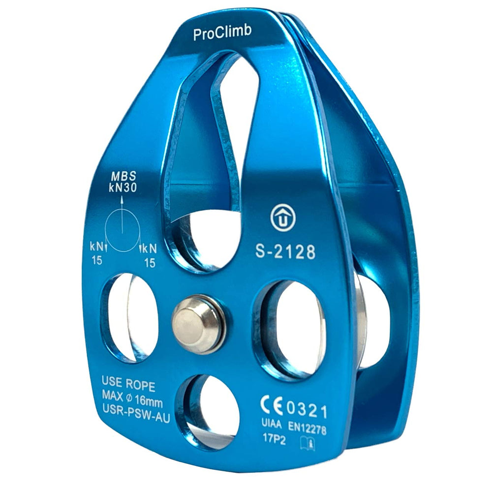 ProClimb aluminum pulley with swing-open plates for quick rope installation.