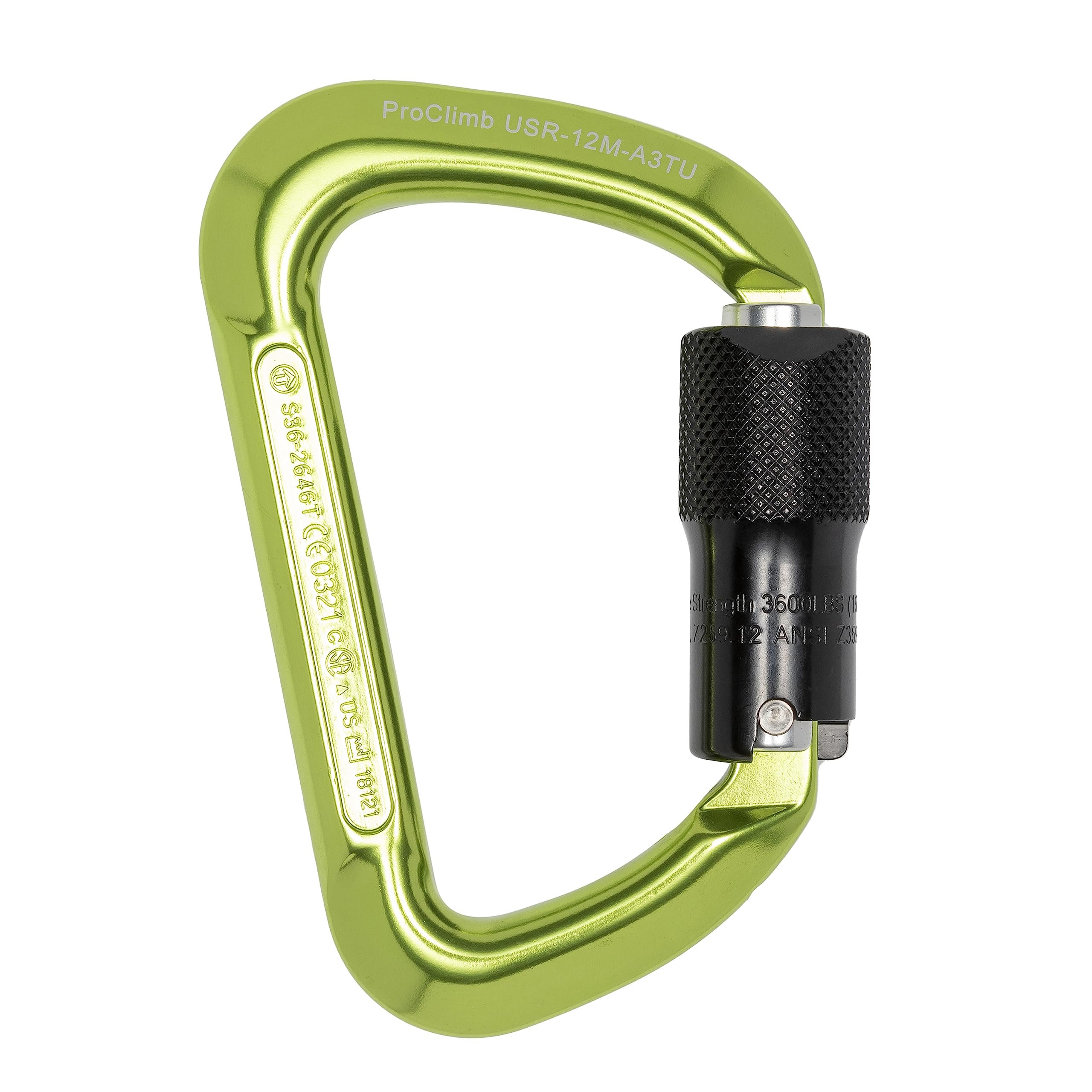 ProClimb triple-lock Modified-D carabiner, green close-up showing secure gate action for reliable climbing.