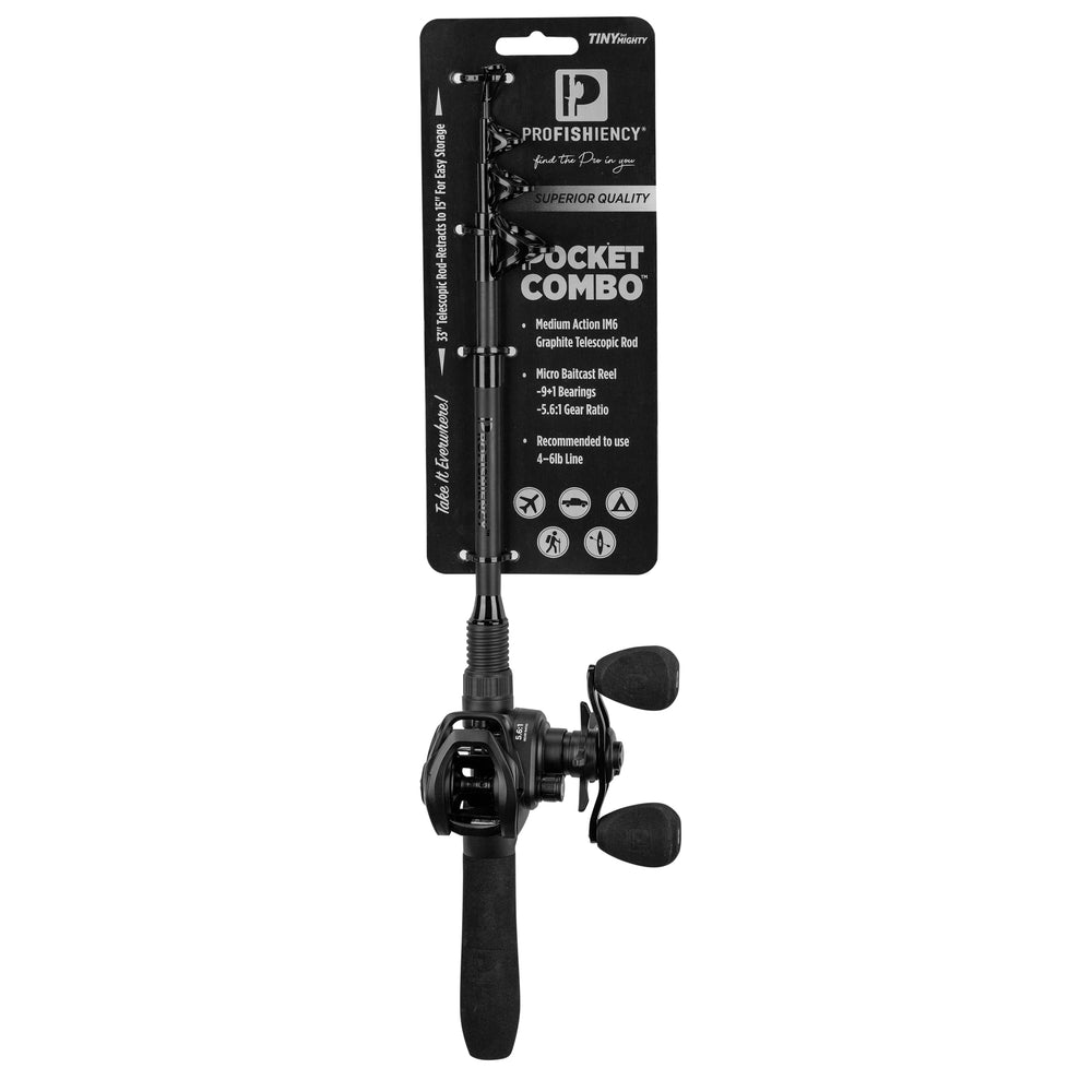 ProFISHiency Premium Baitcast Pocket Combo reel close-up showing braid-ready spool