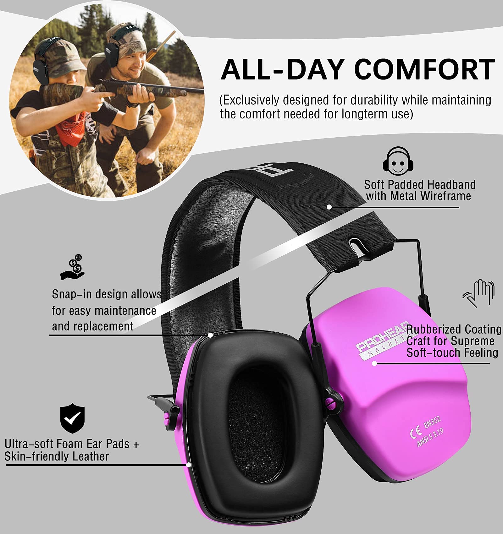 PROHEAR 016 ear protection earmuffs soft, cushioned ear pads for comfort